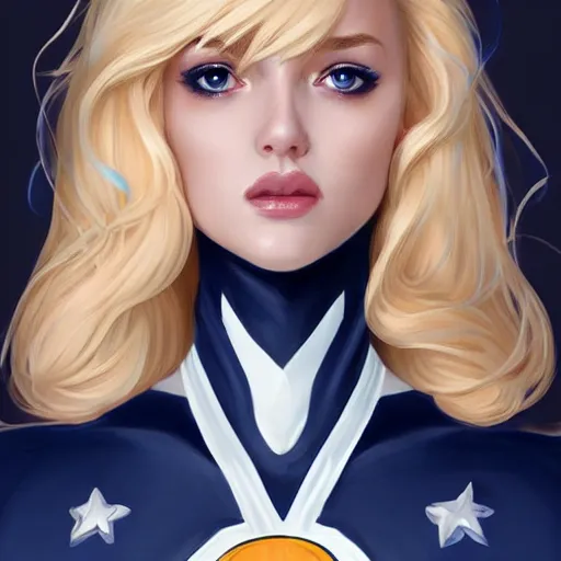 Image similar to a beautiful portrait of a beautiful cute superhero woman, blonde hair, matte navy - blue bodysuit with a white star and white cape, intricate, elegant, 8 k, highly detailed, digital painting, concept art, smooth, sharp focus, illustration, disney, anime, by artgerm and loish and wlop and alphonse mucha