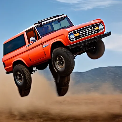 Prompt: a Ford bronco driving at full speed to jump over a draw bridge