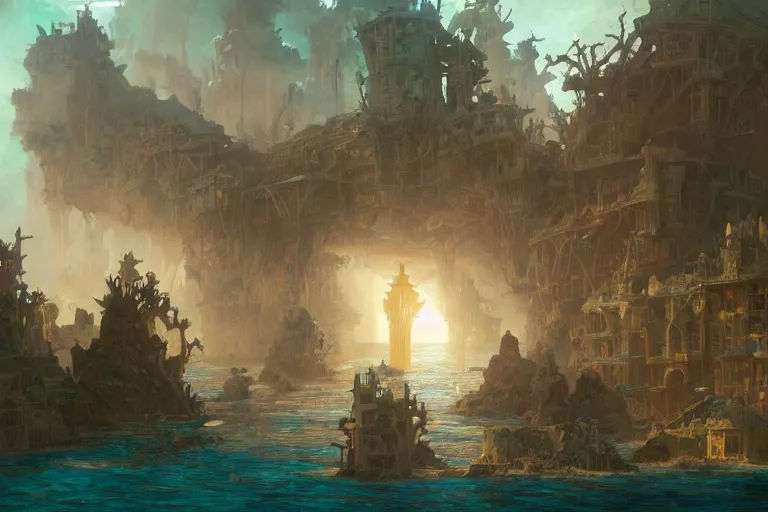 Image similar to a scenic view of the lost and abandoned city of Atlantic under water, ray of sunlight, coral reefs, fish flocks, Greg Rutkowski, Moebius, Mohrbacher, Mucha, blue and gold color scheme, ultra wide angle, light effect