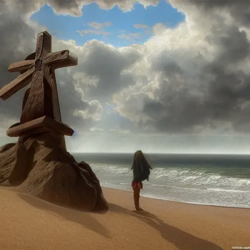 Image similar to a highly detailed render of a large cross standing on the beach as a storm comes in with the tide, woman sitting in the sand watching the ocean, epic fantasy, god rays, aerial photography, unreal engine, volumetric lighting, octane render, exquisite detail, 8 k, art by albert bierstadt and greg rutkowski and thomas moran and alphonse mucha