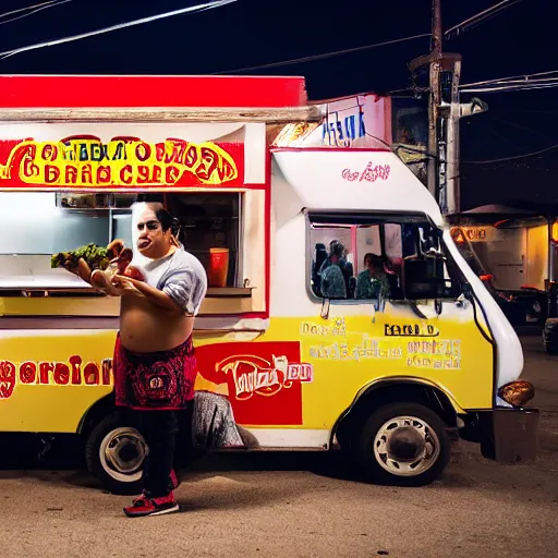 Image similar to obese mexican man showing off tacos de birria next to a food truck in the night, amateur photography with flash,