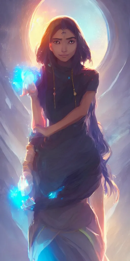 Image similar to beautiful young Himalayan woman with psychic powers, holding crystals, sad, futuristic, somber, by Makoto Shinkai and Wojtek Fus, by studio trigger, rossdraws, dramatic lighting, reflective light