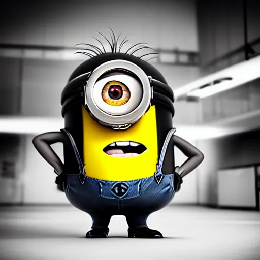 Prompt: black & white epic!!! photograph of a minion from “ despicable me ” in the gym lifting weights, very angry!!!!!! face, motivational poster, highly detailed, cinematic lighting, photo, award - winning photograph, professional photograph, dramatic posing, 8 k quality, dramatic rim lighting, high quality