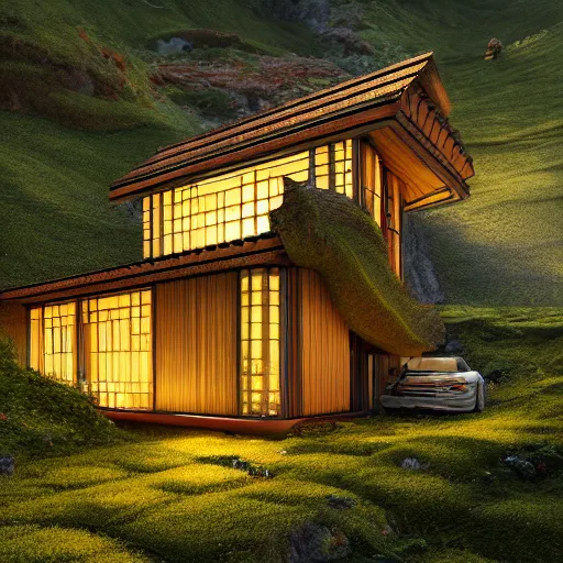 Image similar to small hillside house made of honey, modern lighting, hyper - realistic, hyper - detailed, 8 k, octane rendered, art nouveau, organic, flowing, impossible torsion, writhing, lush, dynamic