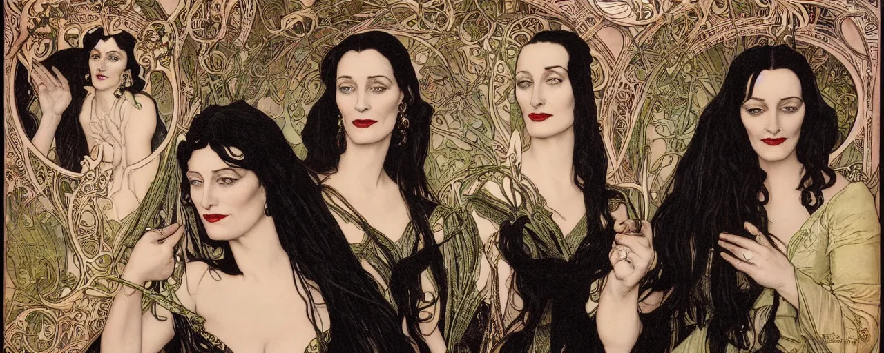 Image similar to stunning hyperdetailed art nouveau portrait of the eva green anjelica huston and morticia addams as the mythological 3 witches, by chris achilleos, michael kaluta and alphonse mucha, photorealism, extremely beautiful, perfect symmetrical facial features, perfect anatomy, strong confident eyes, eldritch powers, witchcraft, magic energy