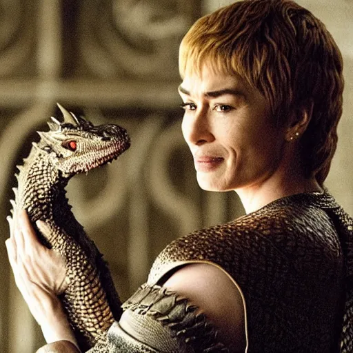 Image similar to “Cersei Lannister, petting her dragon”