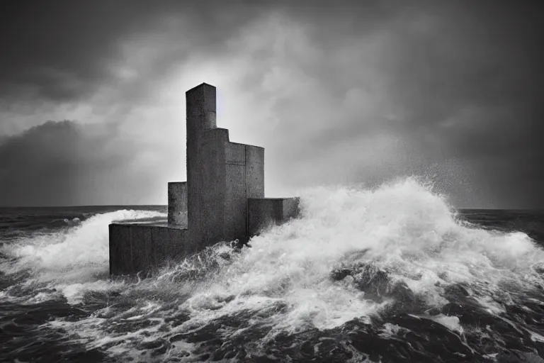 Prompt: high key lighting, ighting storm, danila tkachenko, photograph of an abandoned soviet building block in the middle of the ocean, big waves. dramatic lighting