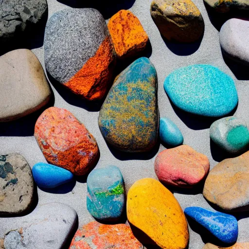 Prompt: colorful rocks, overhead photography