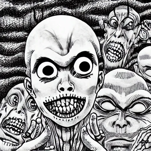 Image similar to Monsters scaring bystanders by Junji Ito.