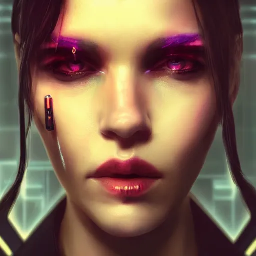 Image similar to a expressive portrait photograph of cyberpunk woman with eye implants in dramatic lighting, depth of field background, artstation, concept art, realism masterpiece