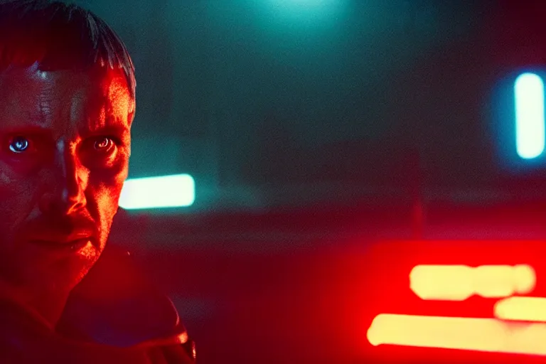 Image similar to film still of closeup alien observer of human society in blade runner 2 0 4 9, cinematic, moody, gritty neon noir by emmanuel lubezki