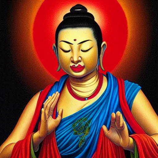 Image similar to contented female bodhisattva, praying meditating, portrait illustration by Jason Edmiston