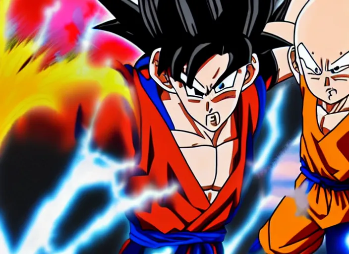 Prompt: goku and saitama having an epic fight, anime, cinematic framing