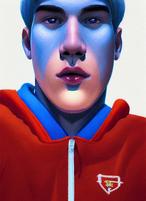 Image similar to portrait of high school senior boy named big moose, blonde short hair, jock, beefy, wide face, square jaw, square facial structure, blue varsity jacket with letter r, intricate, elegant, glowing lights, highly detailed, digital painting, artstation, concept art, sharp focus, illustration, art by wlop, mars ravelo and greg rutkowski