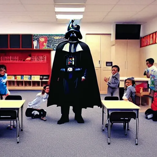 Image similar to “Darth Vader in school room with kids, movie scene, ultra realistic”