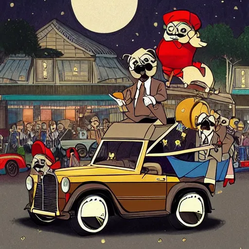 Prompt: important president pug dog in a convertible parade, expensive suits, Nintendo game art, Hayao Miyazaki, intricate detail, illustration, beautiful lighting,