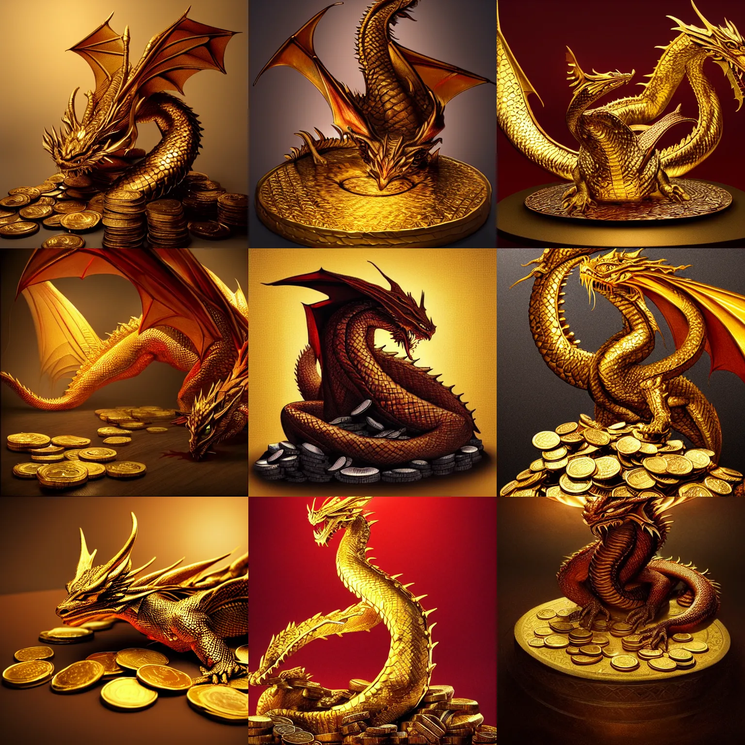 Prompt: the dragon smaug sitting on a pile of gold coins, in the style of artgerm, beautiful lighting, raytracing