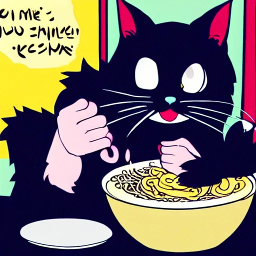 Image similar to anime catgirl eating ramen protecting her bowl claws out hissing