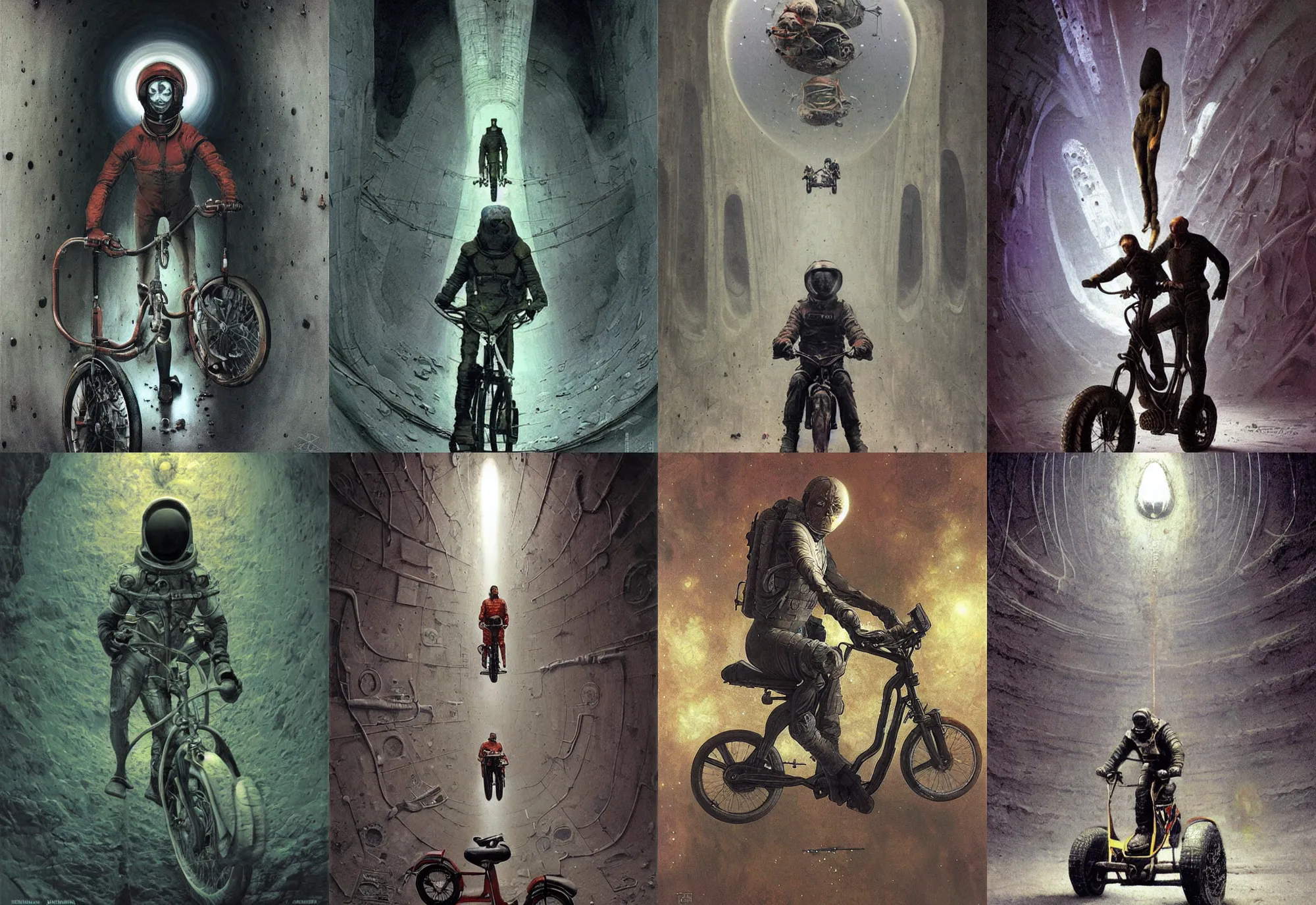 Prompt: portrat soviet cosmonavt on tricycle bike in the dirty cave, crawl, moscow metro, space travel, art by beksinski and stephan martiniere, japan poster, fatal, singularity, cold