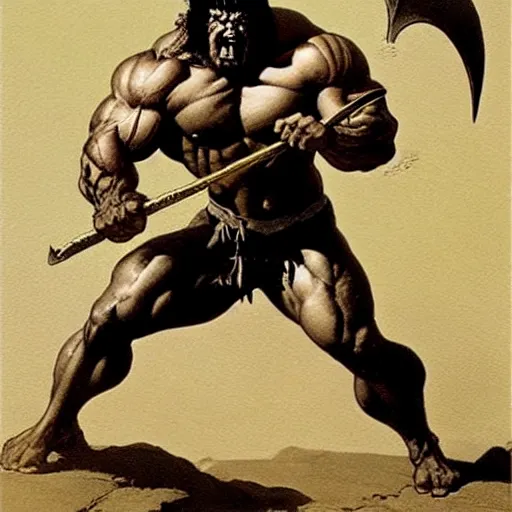 Image similar to by Frank Frazetta style, barbarian with extraordinary muscle structure with long sword, wide view, well-defined anatomy, high quality details, deep depth of field, denoise