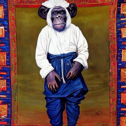 Image similar to beautiful painting by sophie anderson of a chimpanzee wearing traditional men kurdish clothes baggy pants and white shirt with a large sash tied around the waist in a kurdish village, award winning art, insanely detailed, bright colors, global illumination, cute, young, stunning