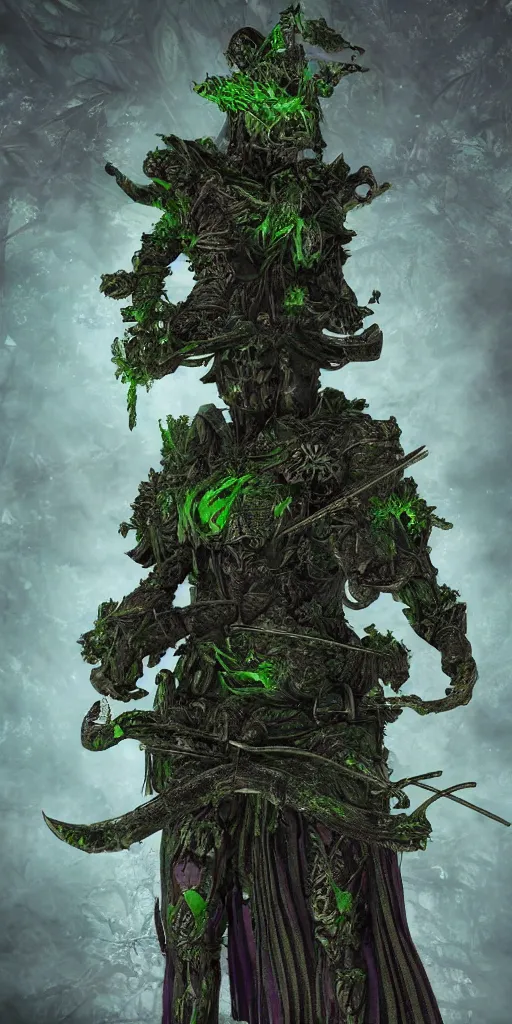 Image similar to a samurai standing in a highly detailed over dimensional green leaves that are not from this world decaying with black vaines, dark fantasy, photorealism, unreal engine, purple hue, sci-fi, by H.R. Giger