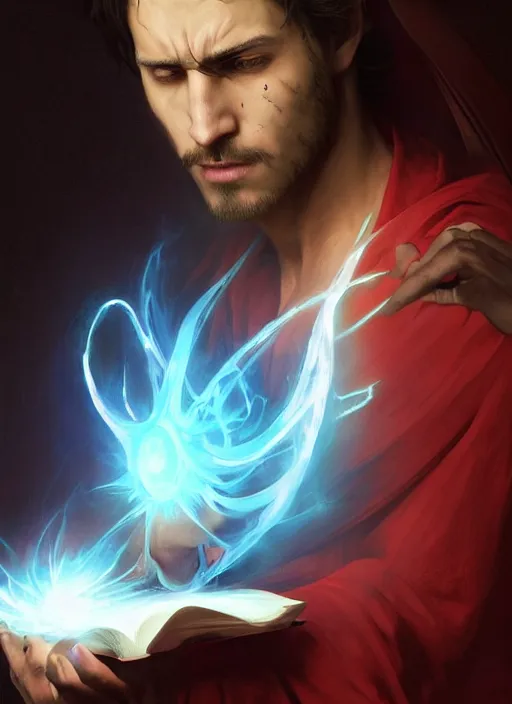 Image similar to character concept portrait of an attractive young angry Spanish wizard with red skin conjuring a portal spell, a floating iridescent spell book in the center, intricate, elegant, digital painting, concept art, smooth, sharp focus, illustration, from Metal Gear, by Ruan Jia and Mandy Jurgens and William-Adolphe Bouguereau, Artgerm