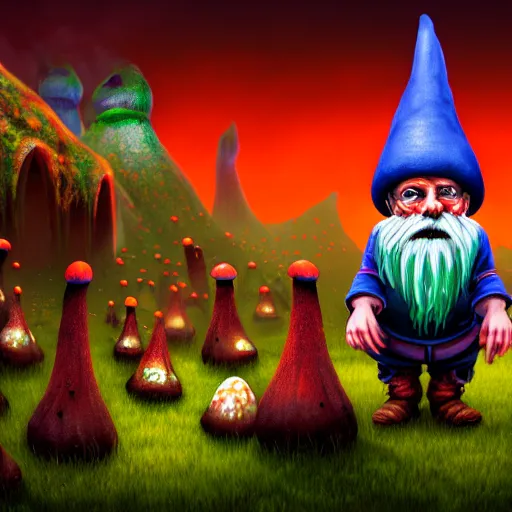 Image similar to a portrait of a scary gnomes in a poison mushroom village, highly detailed, digital photo, hdri, by christopher bretz and john carpenter, vivid colors, high contrast, 8 k resolution, intricate, photorealistic, smooth, psychedelic color scheme, concept art, award winning, cg society contest winner