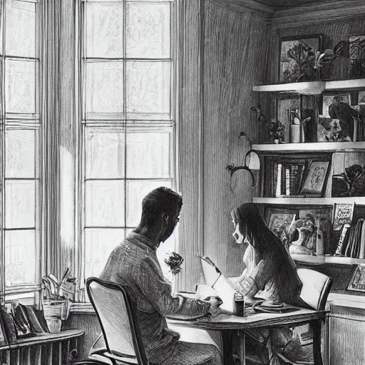 Image similar to A beautiful drawing of a man and a woman sitting in a room. The woman is reading a book while the man is writing at a desk. The light from the window illuminates the room and the couple. The couple is surrounded by a few items in the room, including a globe and a few potted plants. fluorescent orange by Albert Lynch, by Shinji Aramaki, by Quint Buchholz distorted, rigorous