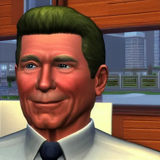 Prompt: the sims 2. a in - game closeup of ronald reagan.