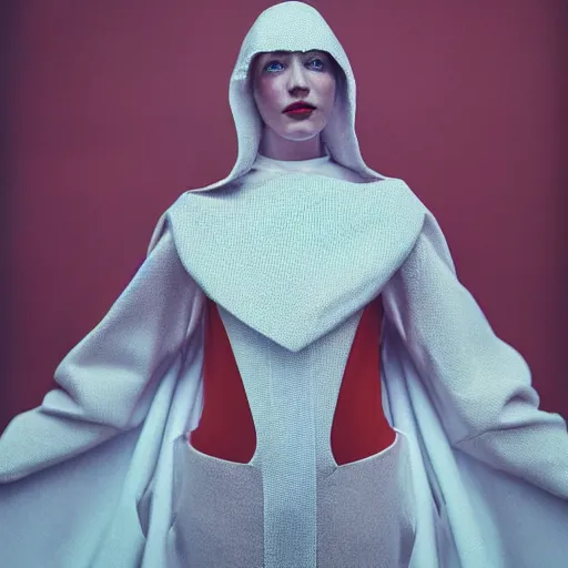 Image similar to Fashion photography of a woman wearing a futuristic outfit inspired by The Handmaid’s Tale (2017), intricate, artistic photography, cinematic lighting, insanely detailed, cinestill 800t, Vogue magazine