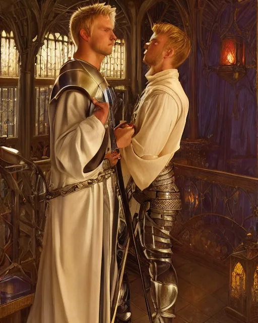 Prompt: attractive arthur pendragon confesses his love to his attractive male knight, they are close to each other, in a quiet moment, they are wearing robes, highly detailed, very intricate, cinematic lighting, by donato giancola and rossdraws and magali villenueve, j. c. leyendecker, featured on artstation