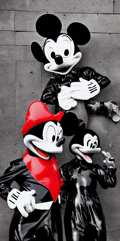 Image similar to close shot of donald duck and mickey mouse wearing latex outfits in front of berghain, berlin style, photography by sven marquardt, highly detailed, photorealistic, 4 k