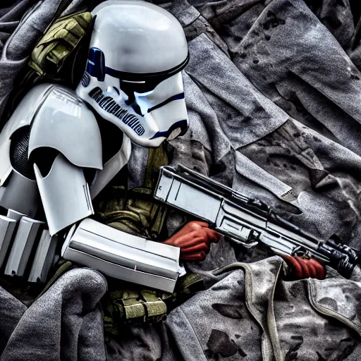 Prompt: war photography, the falling soldier, imperial stormtrooper, moment of death frozen in time, by blasterfire, groundbreaking, breathtaking, awardwinning, digital art, intricate, hyperrealist, detailed, 8 k, 3 5 mm, canon, extreme long shot