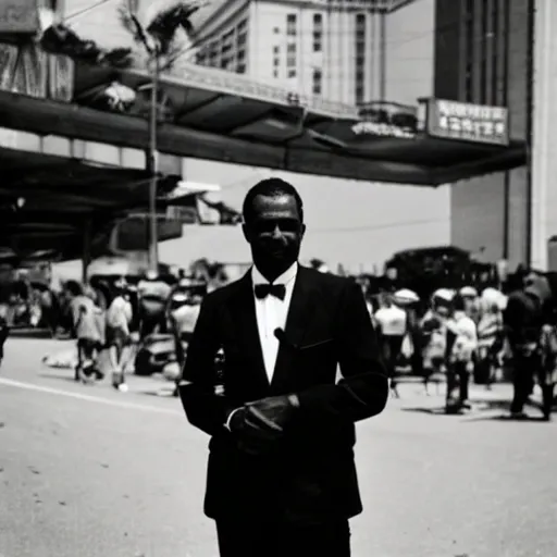 Image similar to vintage photo of a black man wearing a black suit in rio de janeiro