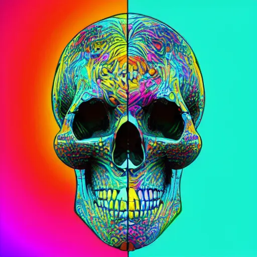 Prompt: skulls made out of fractals, neon colors, digital art