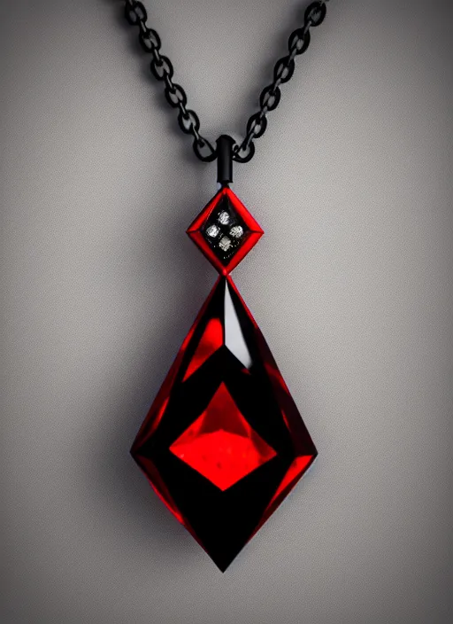 Image similar to rpg item, a black necklace with a fiery red diamond pendant, Unreal 5, DAZ, hyperrealistic, rpg style, octane render, dynamic lighting