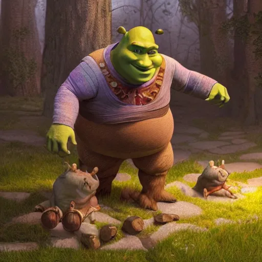 Image similar to shrek pregnant, masterpiece, highly detailed, high quality, 4 k, anatomically correct, hyperrealistic, concept art, octane render, unreal engine 5, trending on artstation, trending on deviantart, matte, historical painting, fantasy style, path traced, high coherence, soft lighting, digital painting, mythical