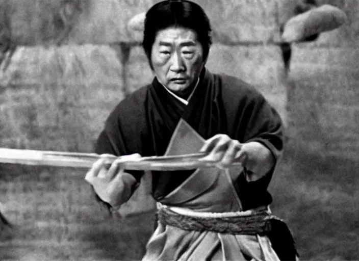 Image similar to a movie still of a samurai slicing a loaf of bread, a movie by Akira Kurosawa