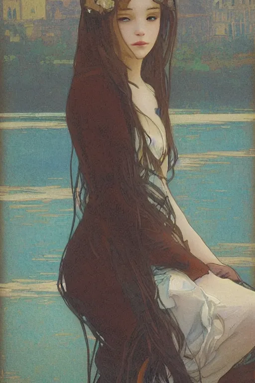 Prompt: A girl with long hair sitting by the river at night by mucha and Krenz Cushart ,gloomy,geometric shapes, hard edges,blue theme