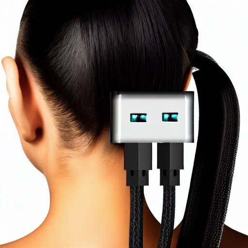 Image similar to usb cable plugged in, back of head, woman, computer, hair clip