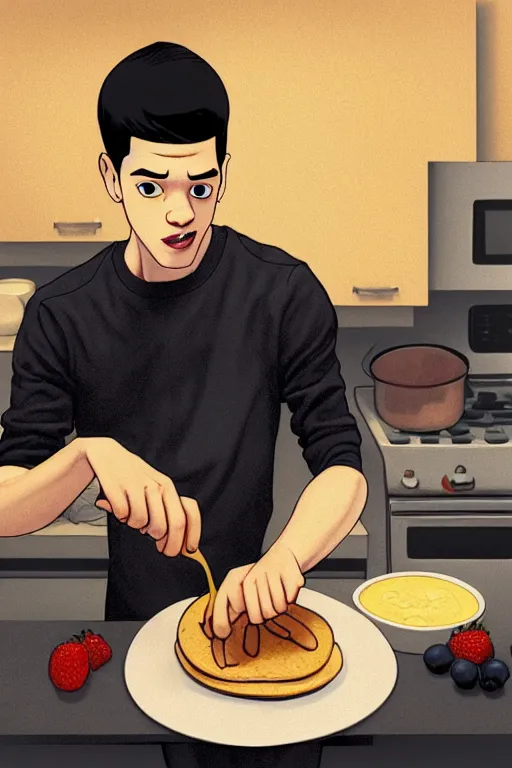 Image similar to pete davidson making pancakes, animation pixar style, by pendleton ward, magali villeneuve, artgerm, rob rey and kentaro miura style, golden ratio, trending on art station