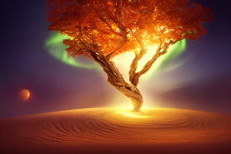 Image similar to caressed by the music of the spheres, sound pours forth like an aurora of gnostic time knowledge, celestial love touches every star, a zen raked sand garden with an autumn maple bonsai that is yggdrasil by jessica rossier