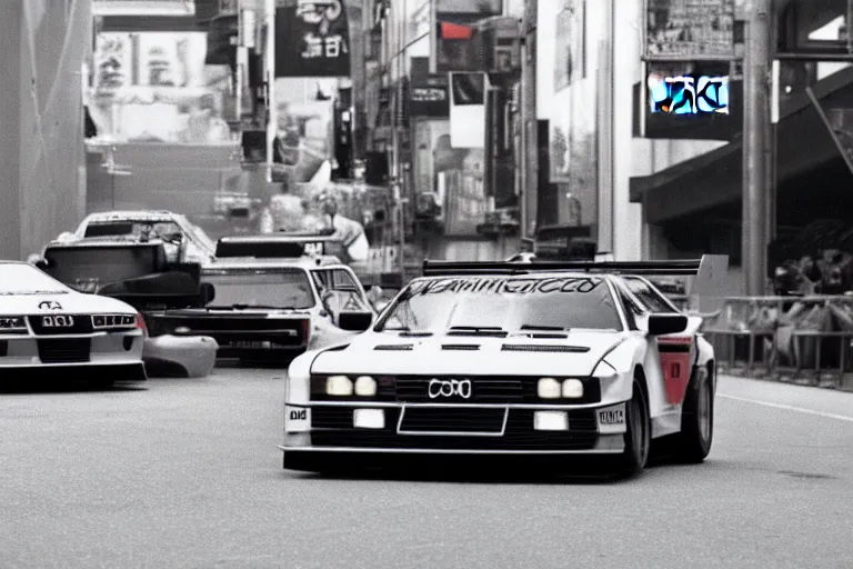 Prompt: single racecar 1 9 8 8 lancia 0 3 7, audi quattro, bmw m 1, movie still, vintage footage on tokyo streets, volumetric lighting, f 8 aperture, cinematic eastman 5 3 8 4 film