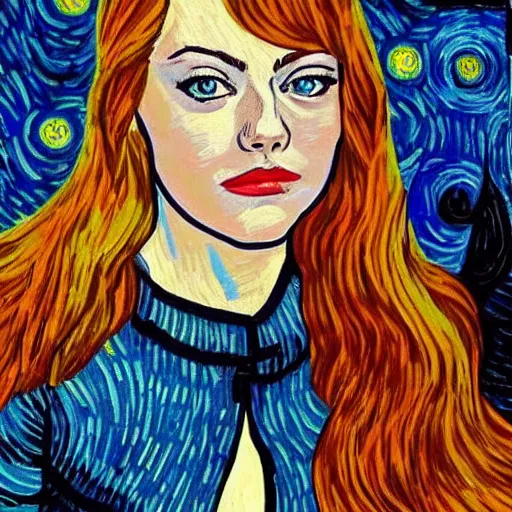 Prompt: Emma Stone in the style of Starry Knight by Vincent van Gogh