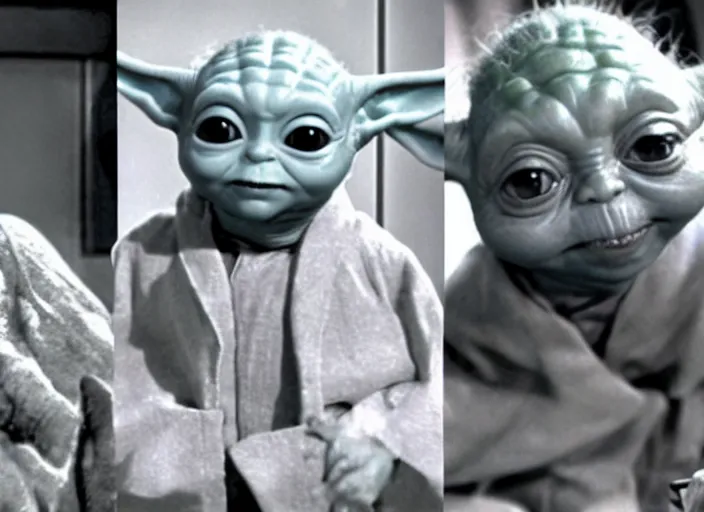 Image similar to a film still of a baby yoda ( in 1 9 3 5 old design ) in sitcom big bang theory ( 1 9 6 3 )