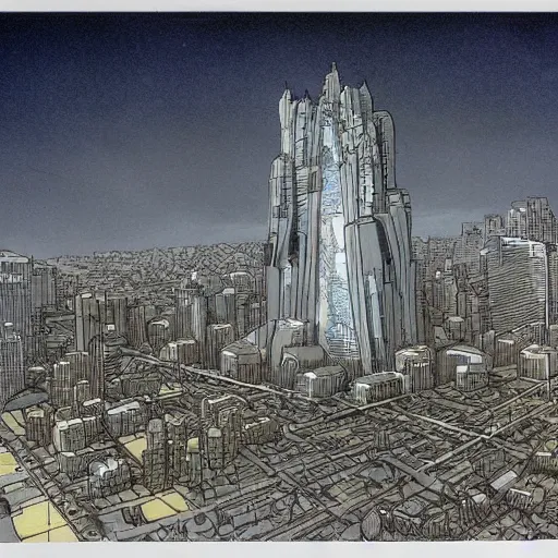 Image similar to concept art of a huge cat - like building in the middle of a city, by moebius