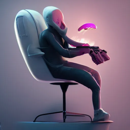 Image similar to a pink squid sitting in a comfortable armchair while playing videogames, digital art, trending on artstation, cgsociety, octane render, RPG portrait, dynamic lighting, fantasy art, hyperrealistic