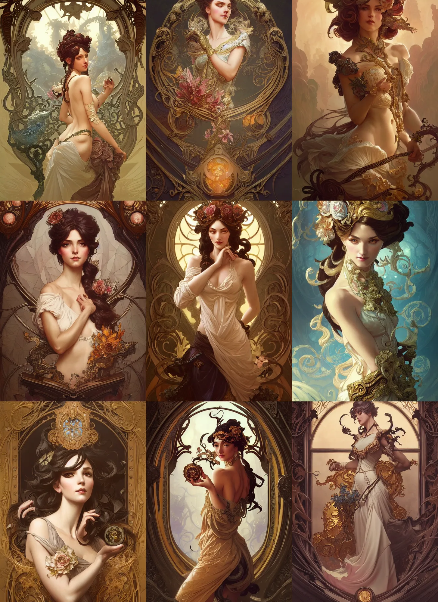 Prompt: rococo and art nouveau fusion backdrop, fantasy, intricate, elegant, highly detailed, digital painting, artstation, concept art, matte, sharp focus, illustration, hearthstone, art by artgerm and greg rutkowski and alphonse mucha