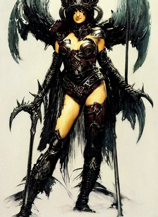 Prompt: portrait of norwegian female chaos angel, beautiful! coherent! by frank frazetta, by brom, strong line, deep color, spiked armor, iron helm, high contrast, maximalist